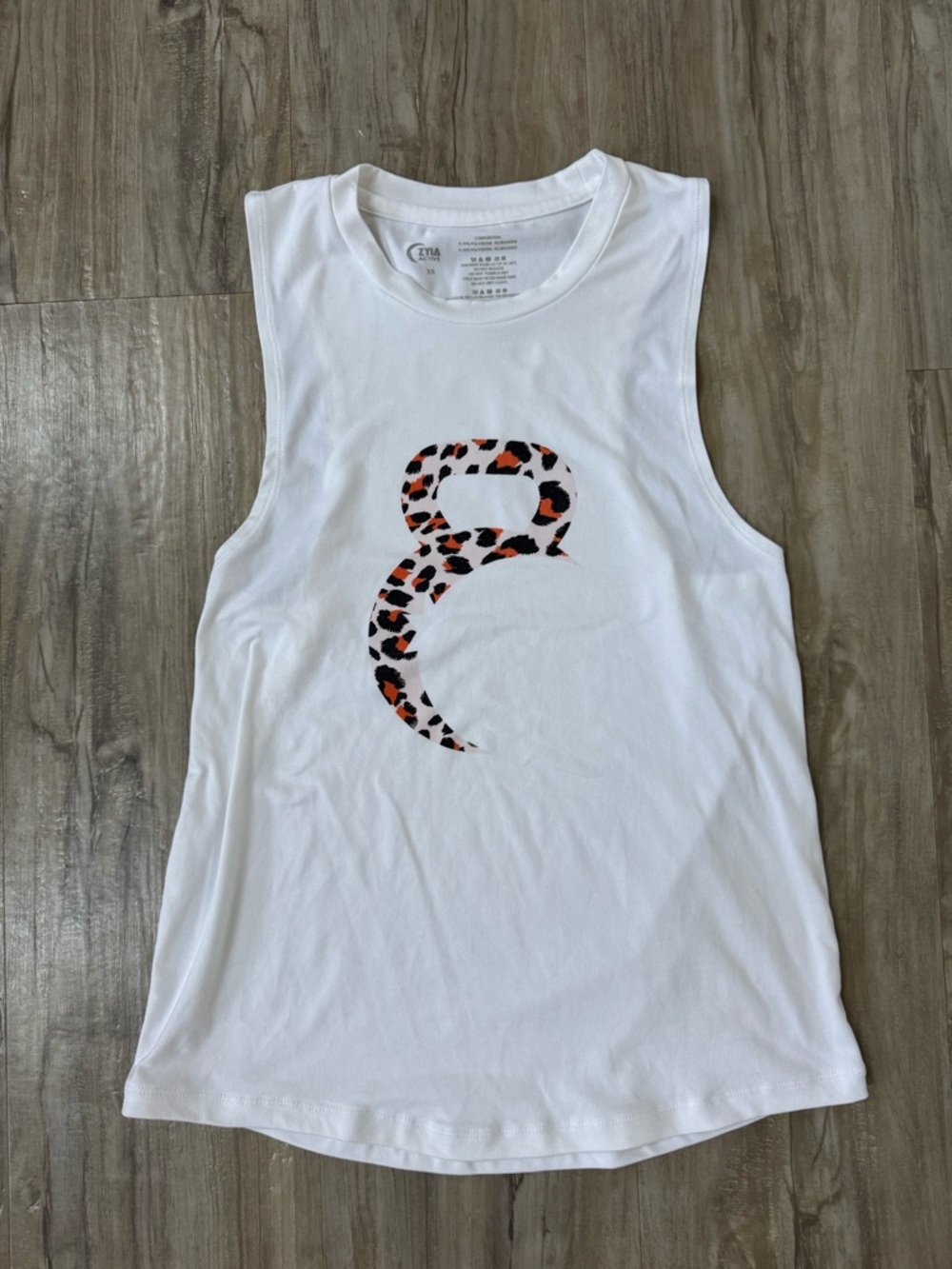 Zyia Active Women’s White Muscle Tank with Leopard Print Accent